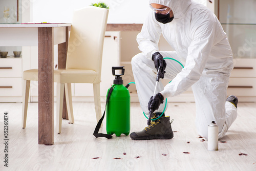 Young male contractor doing pest control at home