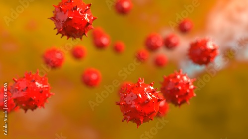 Red Virus  flu  view of a virus under a microscope  infectious disease. 3D illustration. 3D high quality rendering. 3D CG.