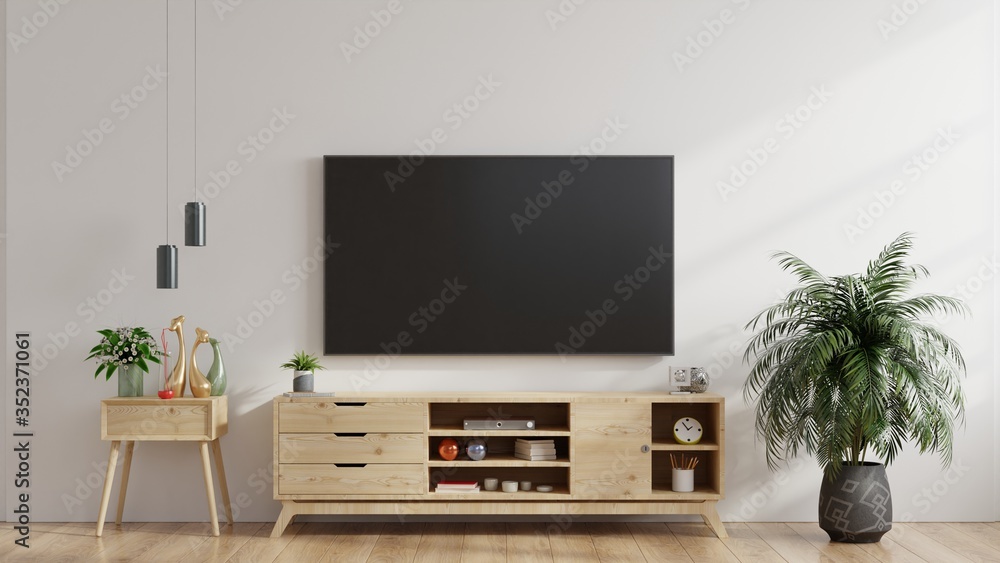 Obraz LED TV on the white wall in living room,minimal design.
