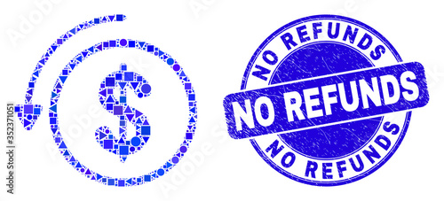 Geometric undo payment mosaic icon and No Refunds seal. Blue vector round scratched seal with No Refunds message. Abstract composition of undo payment organized of round, triangles,