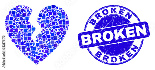 Geometric broken heart mosaic icon and Broken seal. Blue vector rounded grunge stamp with Broken text. Abstract mosaic of broken heart constructed of sphere, tringle, square geometric items.
