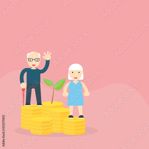 Pension savings and planning concept illustration with Old married couple And saving money for investment of the elderly in case of daily expenses during retirement from work and medical expenses