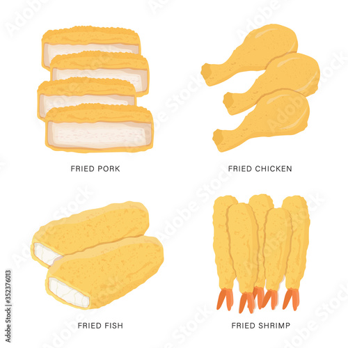 Set of Fried food isolated on white background. Cartoon Vector illustration