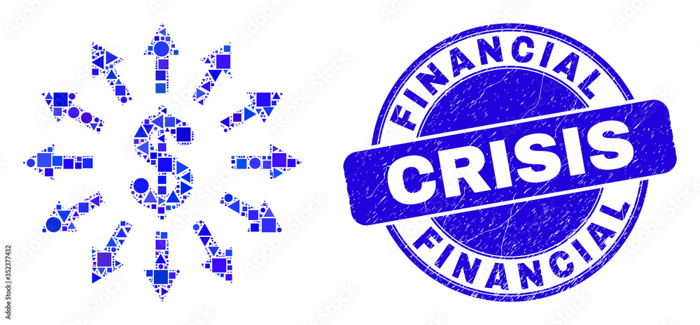 Geometric dollar emission mosaic icon and Financial Crisis watermark. Blue vector rounded textured watermark with Financial Crisis message. Abstract collage of dollar emission created of spheric,