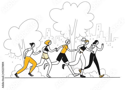 Athletes running marathon. Group of active people jogging in park flat illustration. Activity, healthy lifestyle, morning exercise concept for banner, website design or landing web page