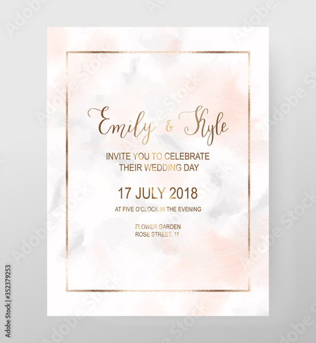 Elegant wedding invitation card with pink watercolor texture and gold rectangle frame.