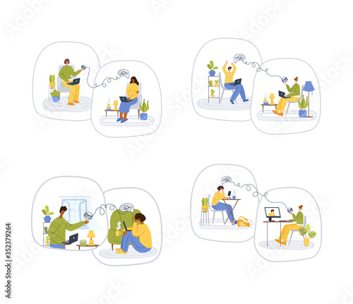 Psychological online services - personal distance support or assistance at home by internet. Upset people crying and talking with psychologist online, individual therapy session or consultation vector