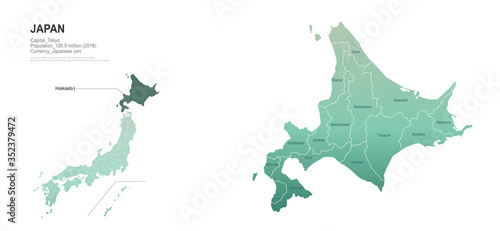 hokkaido map. japan provinces map. vector map of japanese rigion. photo