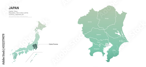 kanto map. japan provinces map. vector map of japanese rigion.