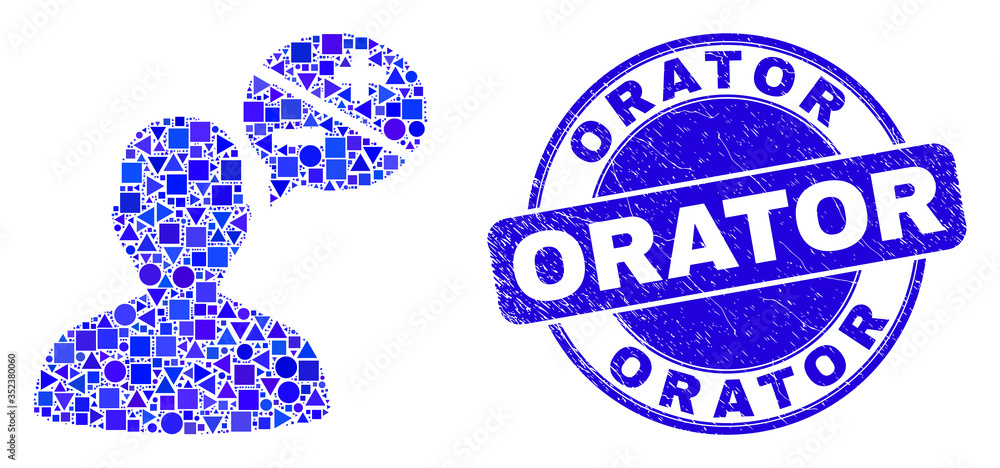 Geometric person arguments mosaic icon and Orator seal stamp. Blue vector rounded grunge stamp with Orator title. Abstract mosaic of person arguments composed of round, tringle, Geometric person arguments mosaic icon and Orator seal stamp. Blue vector rounded grunge stamp with Orator title. Abstract mosaic of person arguments composed of round, tringle,