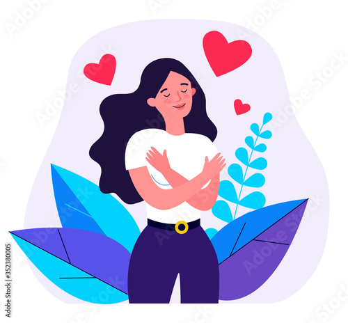 Happy woman hugging herself. Positive lady expressing self love and care. Vector illustration for love yourself, body positive, confidence concept