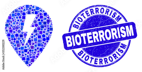Geometric electric map marker mosaic icon and Bioterrorism seal stamp. Blue vector rounded scratched seal with Bioterrorism title. Abstract mosaic of electric map marker constructed of sphere,