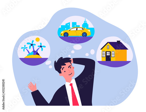 Young man thinking about new house, car and trip flat vector illustration. Businessman dreaming for material benefits. Wealth, business and abundance concept.