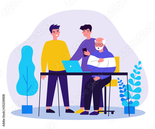 Two young and one senior men watching movie. Guys explaining to granddad how to use laptop flat vector illustration. Technology and entertainment concept for banner, website design or landing web page