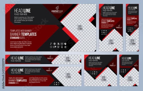 Red and Black Web banners templates, standard sizes with space for photo, modern design