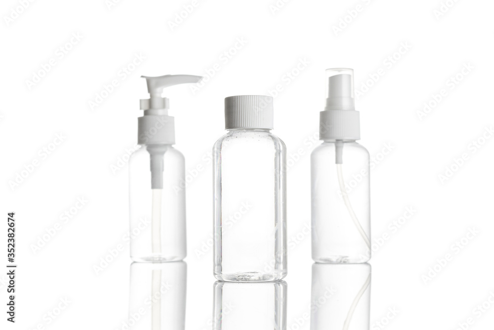 Blank bottle for soap shampoo and mineral cosmetic. Clear plastic cap for sanitizer gel or water isolated on white. Spray, pump transparent background. Blank bottle for soap shampoo and mineral cosmetic. Clear plastic cap for sanitizer gel or water isolated on white. Spray, pump transparent background.