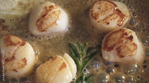 the chef is cooking scallops. Scallop is cooking in a pan. Someone's cooking seafood. Close-up of the scallop.