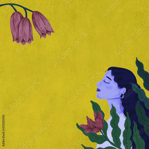 Beautiful purple woman surrounded by nature frame
