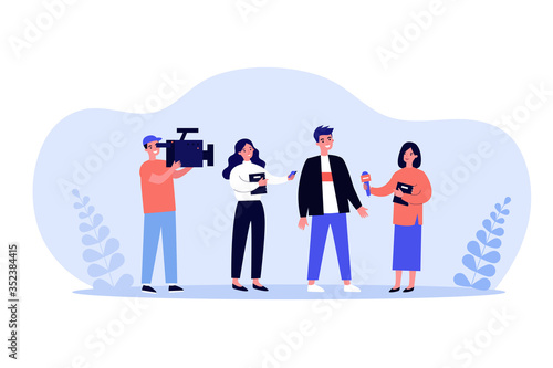 Female journalists with microphones interviewing man. Operator shooting reporters conversation with male character. Vector illustration for news, reportage, mass media concept