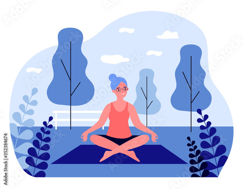 Happy senior woman practicing yoga outdoors. Lotus pose, meditation, activity flat vector illustration. Lifestyle, age, active retirement concept for banner, website design or landing web page