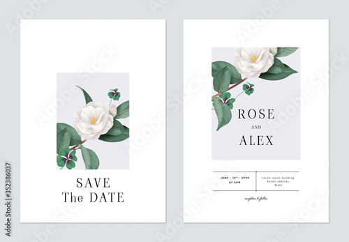 Floral wedding invitation card template design, white Semi-double Camellia flowers with leaves on bright grey