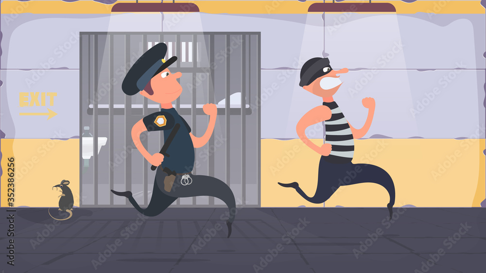 A prisoner escapes from prison. Escape the criminal. Policeman