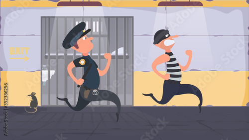 A prisoner escapes from prison. Escape the criminal. 
Policeman runs after the criminal. Cartoon style. Vector.