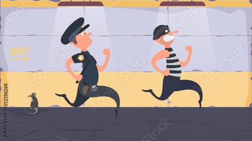 A prisoner escapes from prison. Escape the criminal. A policeman runs after a criminal in prison. Cartoon style. Vector.