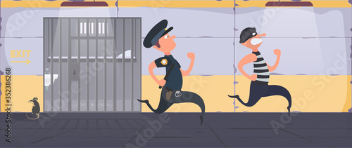 A prisoner escapes from prison. Escape the criminal. 
Policeman runs after the criminal. Cartoon style. Vector.