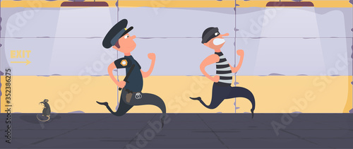 A prisoner escapes from prison. Escape the criminal. 
Policeman runs after the criminal. Cartoon style. Vector.
