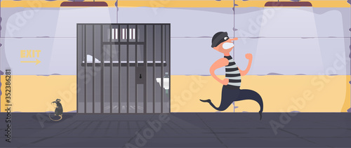 A prisoner escapes from prison. Escape the criminal. Prison cell with metal bars. Cartoon style. Vector.