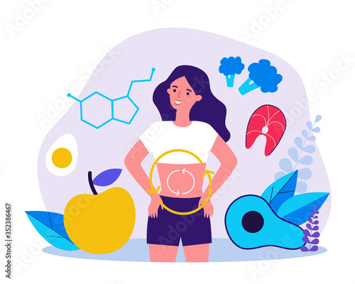 Metabolism of human organism flat vector illustration. Cartoon young woman eating diet food for energy. Digestion, metabolic system and hormones concept