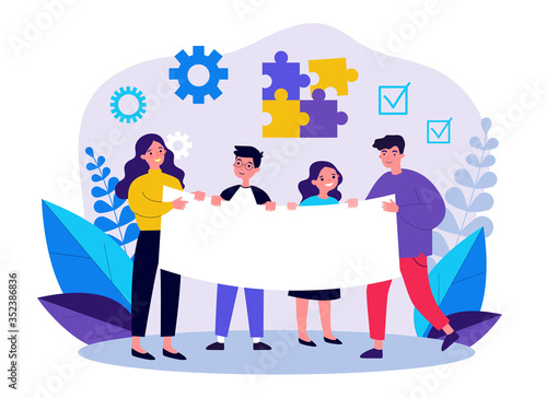 Young people with advertising poster. Students standing together and holding blank banner flat vector illustration. Holiday and event concept for banner, website design or landing web page
