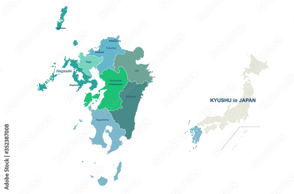 kyushu map. japan region vector map.