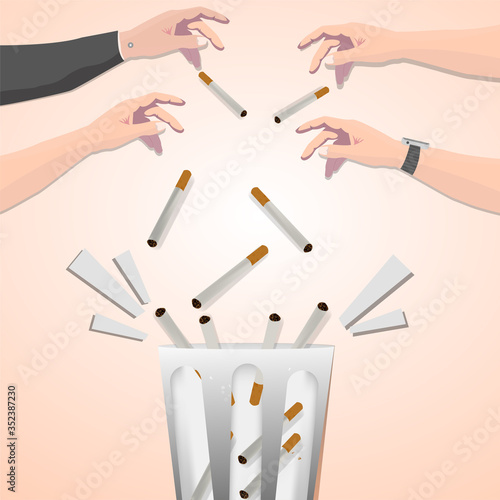 hand illustration of throwing a cigarette into the trash. sign with no tobacco day. flat vector design