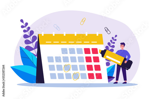 Young man with marker checking events in calendar flat vector illustration. Cartoon office employee planning schedule and agenda. Time management and deadline concept