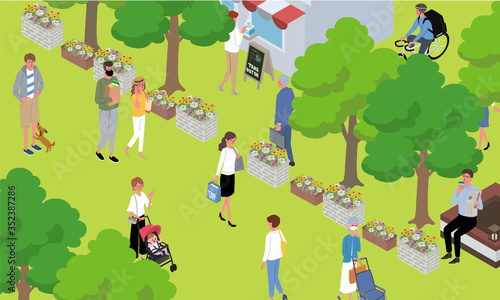 Illustration of cityscape and people walking.