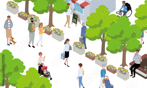 Illustration of cityscape and people walking.