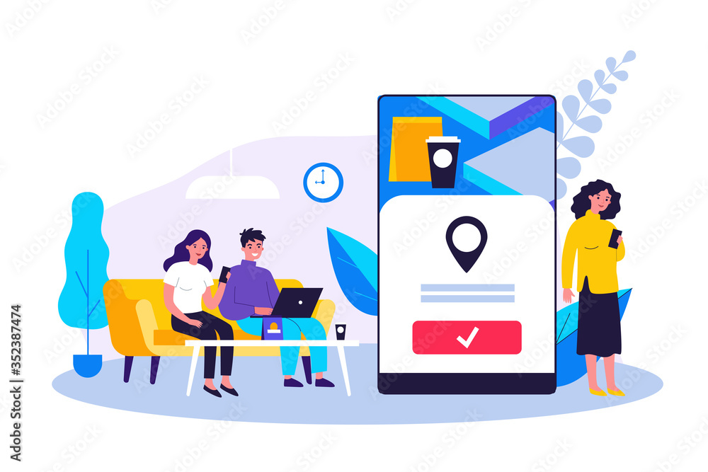 People using online app for food delivery. Customers ordering food in cafe or restaurant and eating at home. Vector illustration for mobile application, takeaway dinner, service concept