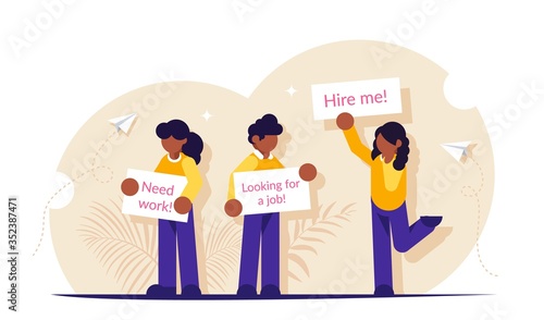 People stand with posters in search of work. Unemployment concept. Modern flat vector illustration.