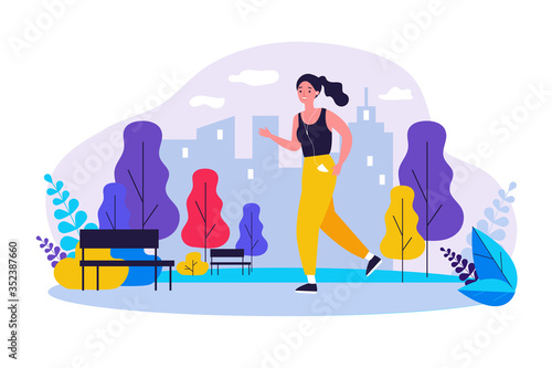 Jogger wearing headphones running down pathway outdoors. Woman training in city park in morning. Vector illustration for health, lifestyle, sport, activity concept
