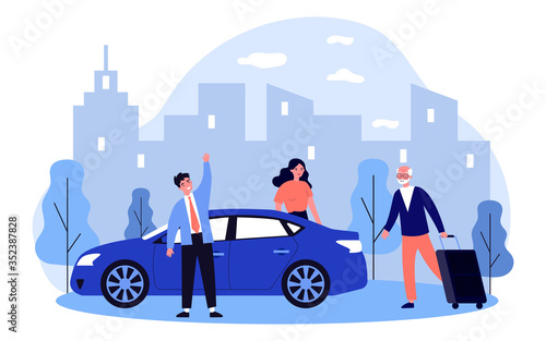 Positive grandpa going on vacation. Old man walking to car and wheeling suitcase flat vector illustration. Car sharing or senior parents support concept for banner, website design or landing web page