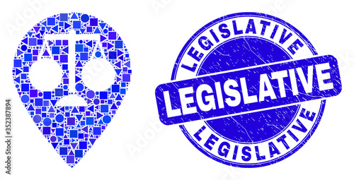 Geometric justice map marker mosaic icon and Legislative seal stamp. Blue vector round scratched seal stamp with Legislative message. Abstract composition of justice map marker organized of round,