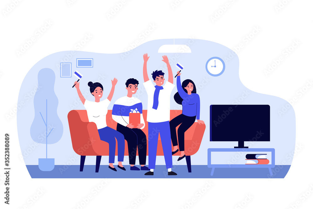 Football fans, championship, leisure at home concept. Group of friends sitting on couch, watching soccer match on TV, supporting national team. Flat vector illustration