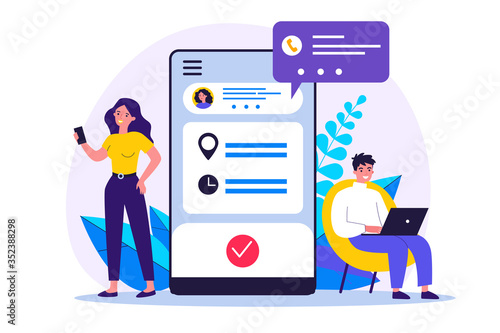 People using appointment business application. Man and woman planning meeting with online app. Vector illustration for internet technology, mobile calendar concept