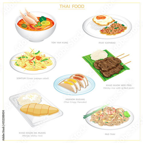 vector illustration icon set of Thai food, including Pad Thai, papaya salad, tom yam kung, phat kaphrao, mango sticky rice, roast pork, and thai crisy pancake. Isolated on white.