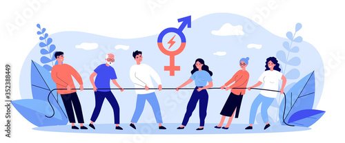 Male and female teams pulling rope. Tug-of-war, competition, different ages and generation flat vector illustration. Gender equality, contest concept for banner, website design or landing web page