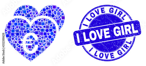 Geometric euro love hearts mosaic icon and I Love Girl seal. Blue vector round scratched seal with I Love Girl phrase. Abstract mosaic of euro love hearts done of sphere, triangles,