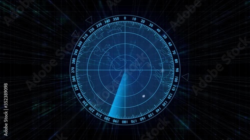 Motion graphic of  blue color sonar radar screen searching an object with line digital technology background Futuristic animation concept photo