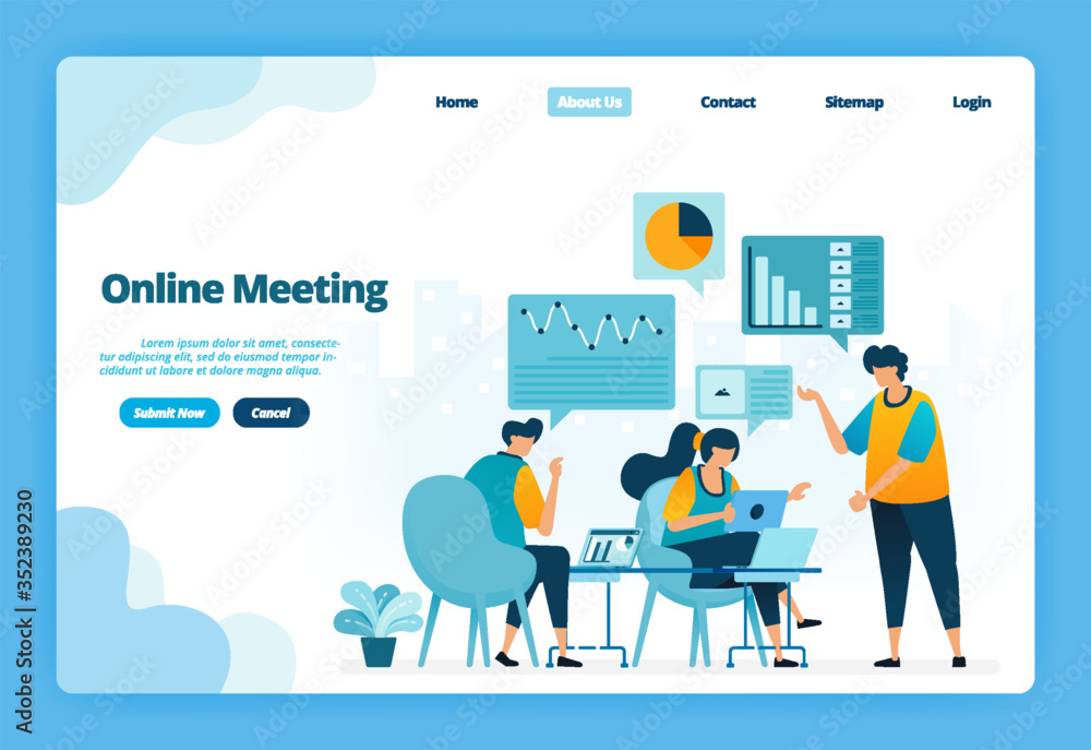 Landing page of online meeting. Business meetings and conferences for marketing strategy planning. Illustration of landing page, website, mobile apps, poster, flyer